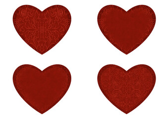 Set of 4 heart shaped valentine's cards. 2 with pattern, 2 with copy space. Deep red background and bright red pattern on it. Cloth texture. Hearts size about 8x7 inch / 21x18 cm (p07-1ab)