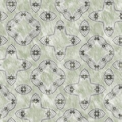 Mosaic geometric green seamless texture pattern. Trendy kaleidoscope woven design for printed fabric. Rough abstract textile design. 