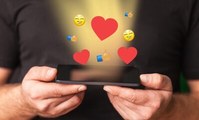 Young person hold smartphone with social images