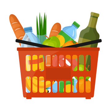 Red plastic shopping cart with bread, bottles of water, fruit and wine. Shopping plastic bag and basket with products. Cartoon vector illustration