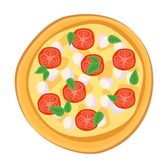 Pizza from restaurant menu isolated on background. Pizza with juicy stuffing ingredients for pizzeria dish card. Vector illustration