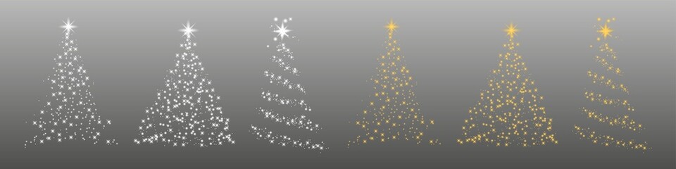 Obraz na płótnie Canvas Set of shiny Christmas tree. Glittering lights in the form of a Christmas tree with bright shining. Christmas light effect. Golden glowing spruce. PNG image