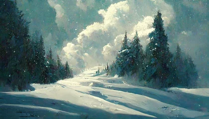 Rolgordijnen Winter landscape oil painting, Christmas card, winter wonderland, snowdrifts, clouds oil painting. picture for decor. Ski tourism. © Valentine