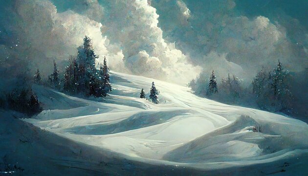 Winter landscape oil painting, Christmas card, winter wonderland, snowdrifts, clouds oil painting. picture for decor. Ski tourism.