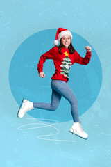 Christmas brochure collage of fun girl in santa claus headwear ride on skating rink figure skates...