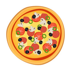 Pizza with tomato sauce and juicy stuffing ingredients for pizzeria dish card. Vector illustration. Pizza from restaurant menu isolated on background