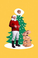 Christmas postcard collage of funny funky santa claus dream about delicious ginger cookies made for new year party
