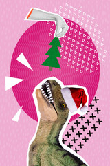 Collage photo of weird dinosaur santa hat enjoy eating christmas miniature evergreen tree poster...