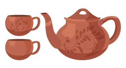 Brown ceramic teapot with teacups vector illustrations set. Collection of cartoon drawings of pot and cups with ornament isolated on white background. Kitchenware, pottery, teatime concept