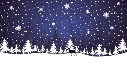 night winter background with various shades of blue and snowy forest, in the foreground a reindeer, a lot of snowflakes are falling on the plain of the north pole