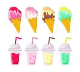 Ice cream and cocktails in cups vector illustrations set. Collection of cartoon drawings of plastic cups with drinks, ice cream cones isolated on white background. Desserts, refreshment concept