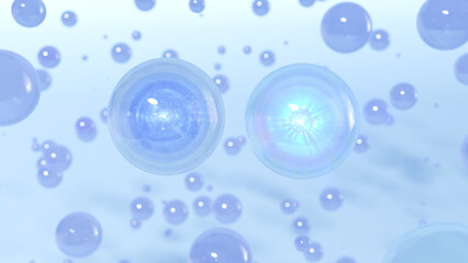 Cosmetic bubbles of serum on a blurry background. Design for collagen bubbles. Ideas for Moisturizing Cream and Serum. Vitamin for personal care and beauty concept. a 3D rendering