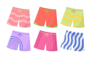 Swimming trunks for men or boys vector illustrations set. Collection of cartoon drawings of colorful shorts for beach holiday isolated on white background. Swimwear, fashion, summer, vacation concept