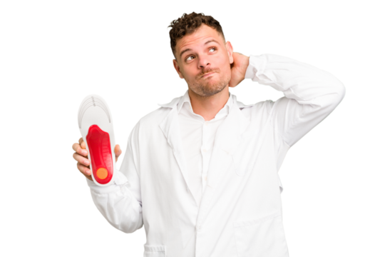 Young caucasian chiropodist man isolated touching back of head, thinking and making a choice.