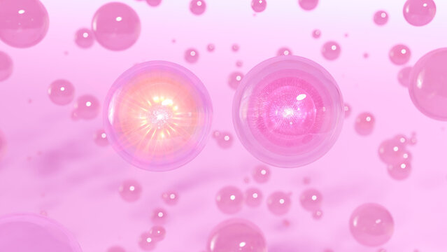 Cosmetic Bubbles of serum on a Pink background. Design for collagen bubbles. Ideas for Moisturizing Cream and Serum. Vitamin for personal care and beauty concept. a 3D rendering