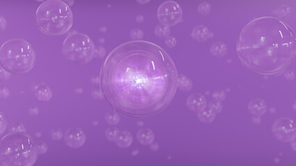 Fototapeta na wymiar 3D cosmetic rendering purple bubbles of serum on a blurry background. Design of collagen bubbles. Essentials of Moisturizing and Serum Concept. Concept of vitamins for beauty and health.