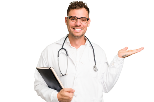 Young doctor caucasian man holding a book isolated showing a copy space on a palm and holding another hand on waist.