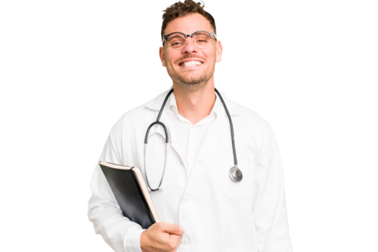 Young doctor caucasian man holding a book isolated happy, smiling and cheerful.