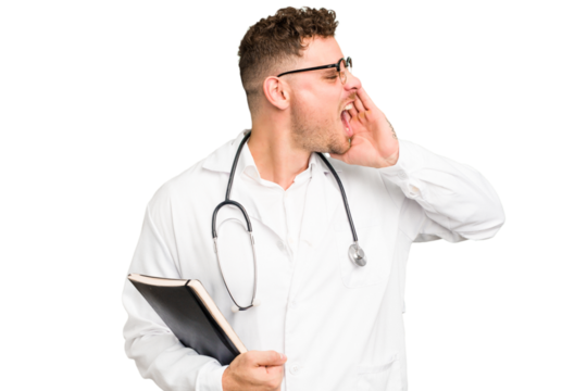 Young doctor caucasian man holding a book isolated shouting and holding palm near opened mouth.