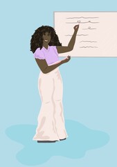 Woman pointing at whiteboard