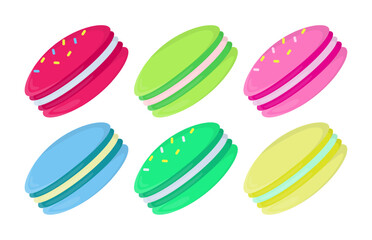 Colorful macaroon cookies vector illustrations set. Collection of cartoon drawings of macarons with sprinkles isolated on white background. Food, desserts, bakery concept