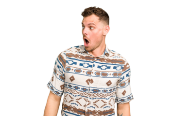 Young caucasian handsome man isolated being shocked because of something she has seen.