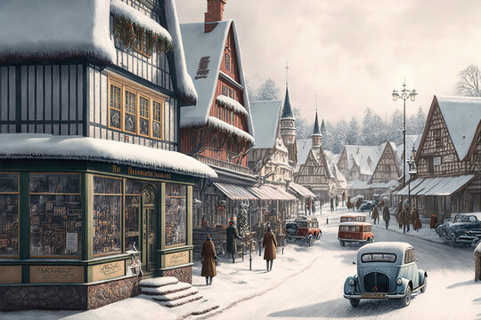 AI generated image of Christmas celebrations at a Bavarian village in Germany, with vintage cars passing by