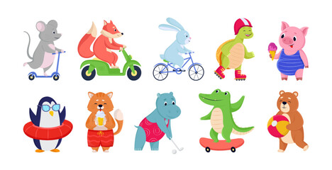 Fototapeta na wymiar Comic animals doing summer activities vector illustrations set. Collection of drawings of wild animal cartoon characters riding scooters, playing games, eating ice cream. Summer, wildlife concept