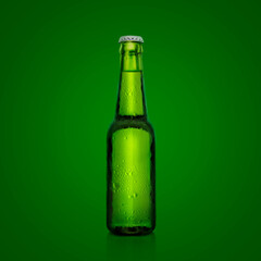 Green bottle of fresh beer with drops of condensation on a green background. 3d render