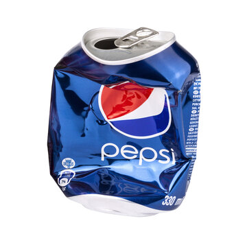 Crushed Pepsi cola can isolated