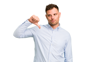 Young caucasian handsome man isolated showing a dislike gesture, thumbs down. Disagreement concept.
