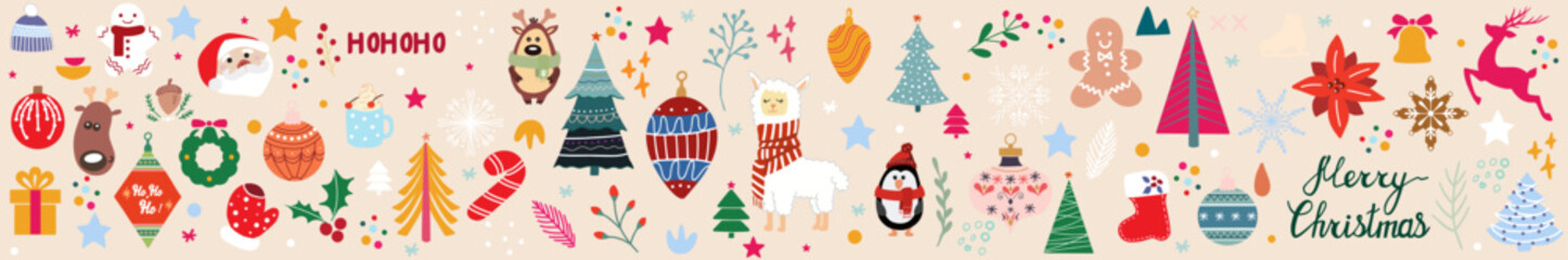 Big Christmas collection with traditional Christmas symbols and decorative elements. Christmas banner.