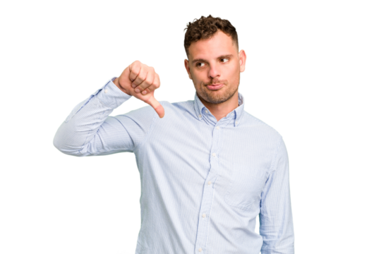 Young caucasian handsome man isolated showing a dislike gesture, thumbs down. Disagreement concept.