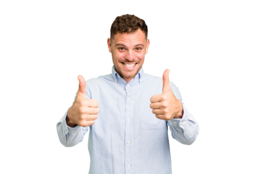 Young caucasian handsome man isolated smiling and raising thumb up