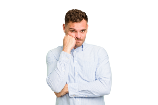 Young caucasian handsome man isolated who feels sad and pensive, looking at copy space.