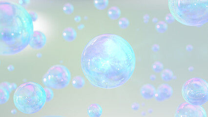 3D cosmetic rendering Colorful serum bubbles against a blurry background. collagen bubbles' structure. Moisturizing and serum concept elements. Vitamins as an idea for personal care and beauty.