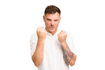 Young caucasian handsome man isolated showing fist to camera, aggressive facial expression.