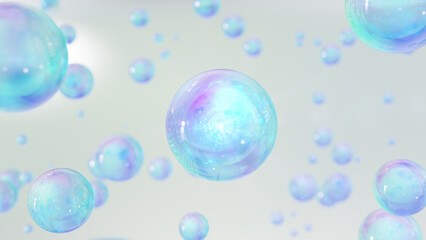 3D rendering Cosmetics Blue Serum bubbles on defocus background. Collagen bubbles Design. Moisturizing Essentials and Serum Concept. Vitamin for health care and beauty concept. 