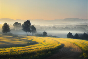 Naklejka premium Winding Farm Road through Foggy Landscape - fields, meadow, sun during sunrise