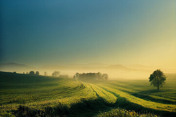 Naklejka premium Winding Farm Road through Foggy Landscape - fields, meadow, sun during sunrise