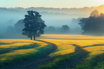 Winding Farm Road through Foggy Landscape - fields, meadow, sun during sunrise