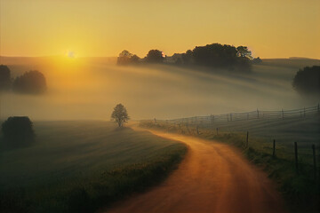 Obraz premium Winding Farm Road through Foggy Landscape - fields, meadow, sun during sunrise
