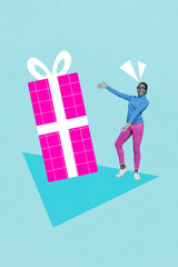 Collage photo of young excited student lady promoter hands showing new big package with promo offer big purple gift isolated on blue color background