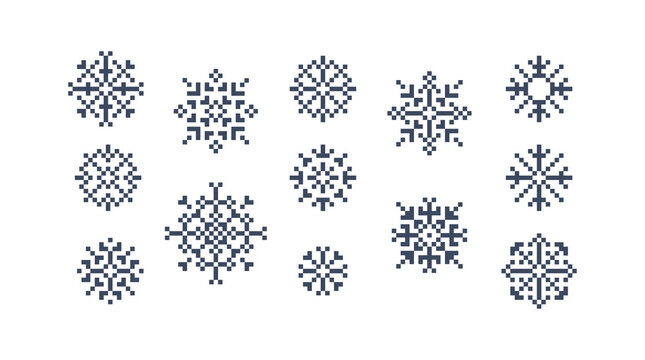 8 Bit pixel art snowflake icon set. isolated snow symbols.