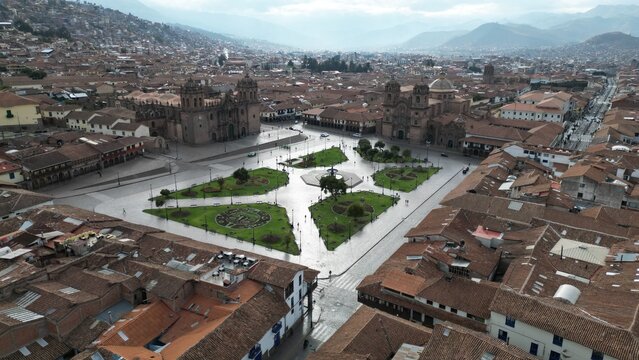 Cusco Town Peru Cathedral Plaza Historical City Center Drone Flying above Colonial Buildings in Latin American Travel Landmark