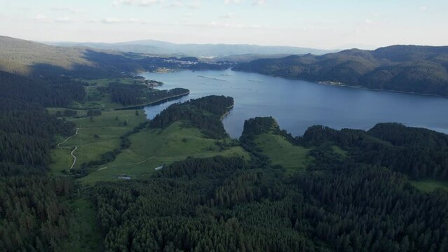 Areal view of Dospat Reservoir - the dam, and a lake.