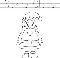 Trace the letters and color cartoon Santa Claus. Handwriting practice for kids.