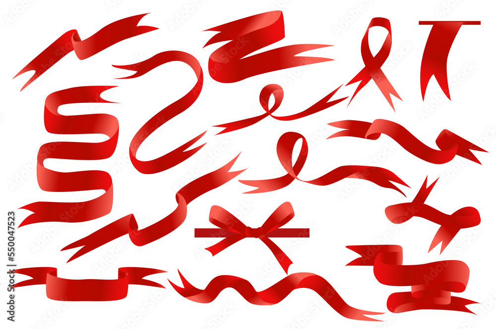 Aufkleber red ribbons set in cartoon design. bundle of different curled and swirled ribbons, glossy labels and