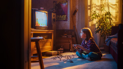 Young Girl Playing Eighties Eight Bit Arcade Video Game on a Console at Home in Her Room with Old-School Interior. Child Successfully Wins the Level. Nostalgic Retro Childhood Concept.