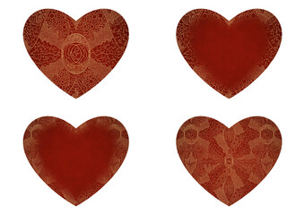 Set of 4 heart shaped valentine's cards. 2 with pattern, 2 with copy space. Deep red background and gold glittery pattern on it. Cloth texture. Hearts size about 8x7 inch / 21x18 cm (p05ab)